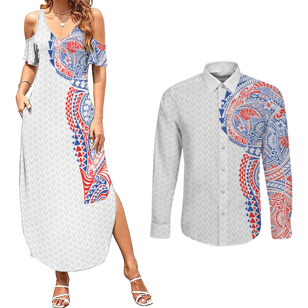 Hawaiian Traditional Tattoos Couples Matching Summer Maxi Dress and Long Sleeve Button Shirt Kakau Tribal Tropical Plant Motif Hawaii Flag Color Inspired