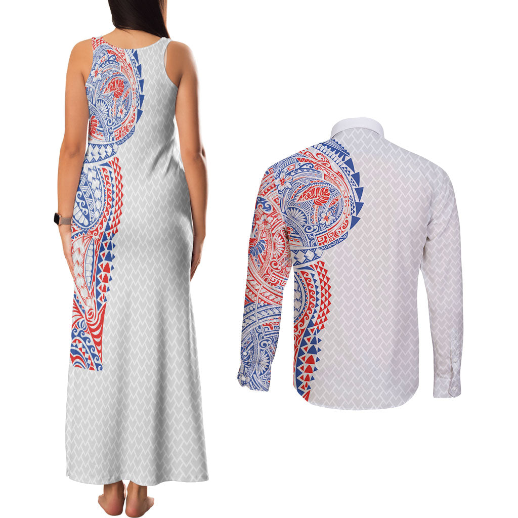 Hawaiian Traditional Tattoos Couples Matching Tank Maxi Dress and Long Sleeve Button Shirt Kakau Tribal Tropical Plant Motif Hawaii Flag Color Inspired LT03 - Polynesian Pride