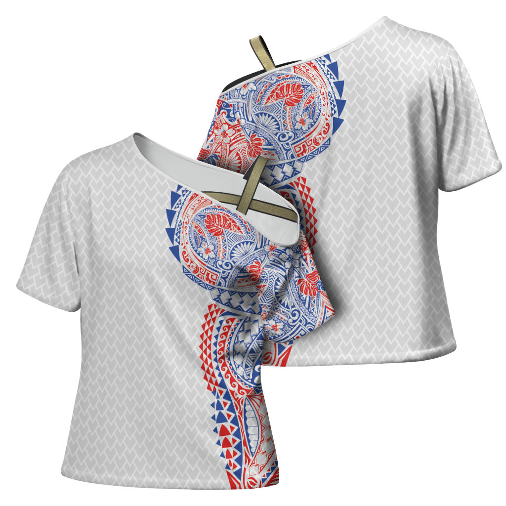 Hawaiian Traditional Tattoos Cross Shoulder Shirt Kakau Tribal Tropical Plant Motif Hawaii Flag Color Inspired LT03 - Polynesian Pride
