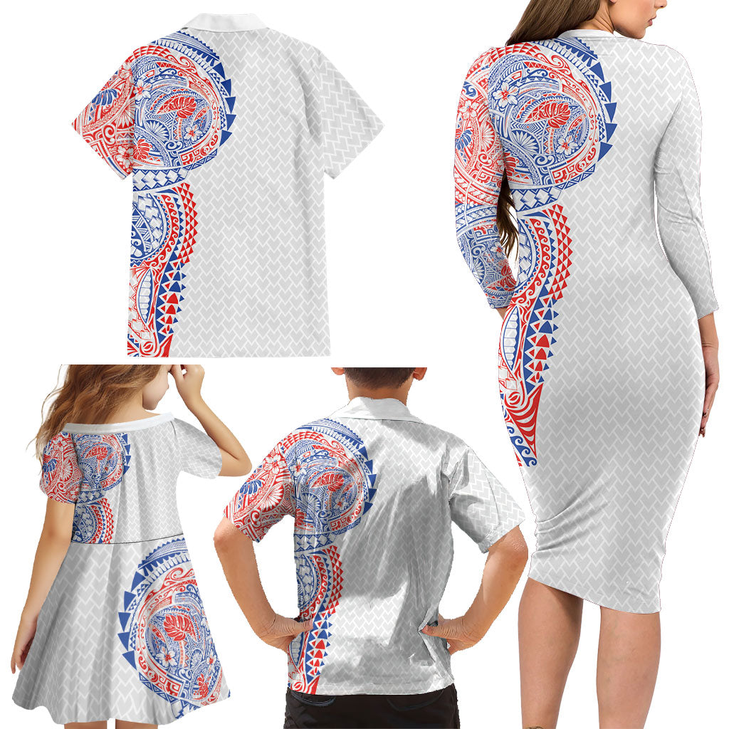 Hawaiian Traditional Tattoos Family Matching Long Sleeve Bodycon Dress and Hawaiian Shirt Kakau Tribal Tropical Plant Motif Hawaii Flag Color Inspired LT03 - Polynesian Pride