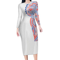 Hawaiian Traditional Tattoos Family Matching Long Sleeve Bodycon Dress and Hawaiian Shirt Kakau Tribal Tropical Plant Motif Hawaii Flag Color Inspired LT03 Mom's Dress Multicolor - Polynesian Pride