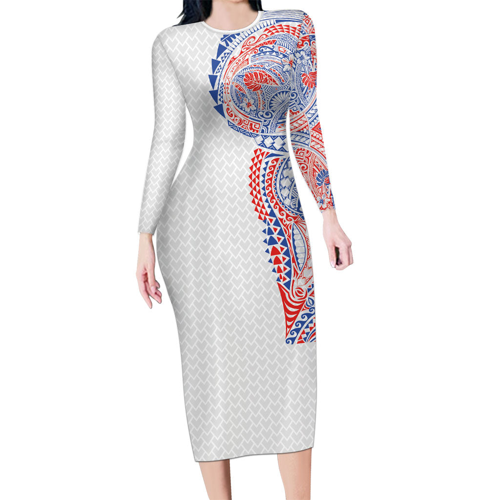 Hawaiian Traditional Tattoos Long Sleeve Bodycon Dress Kakau Tribal Tropical Plant Motif Hawaii Flag Color Inspired LT03 Long Dress Multicolor - Polynesian Pride