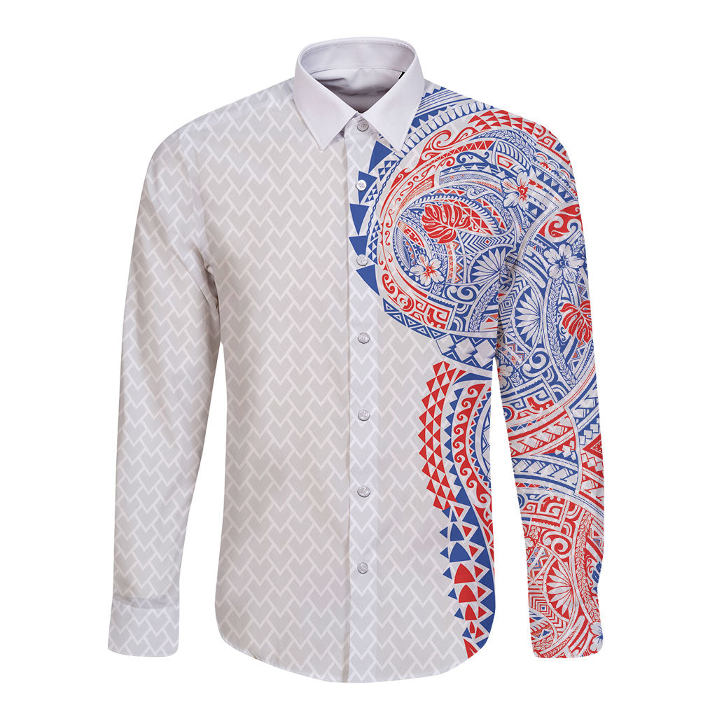 Hawaiian Traditional Tattoos Long Sleeve Button Shirt Kakau Tribal Tropical Plant Motif Hawaii Flag Color Inspired