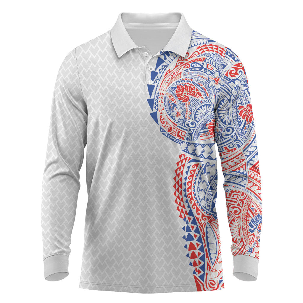 Hawaiian Traditional Tattoos Long Sleeve Polo Shirt Kakau Tribal Tropical Plant Motif Hawaii Flag Color Inspired LT03 Multicolor - Polynesian Pride
