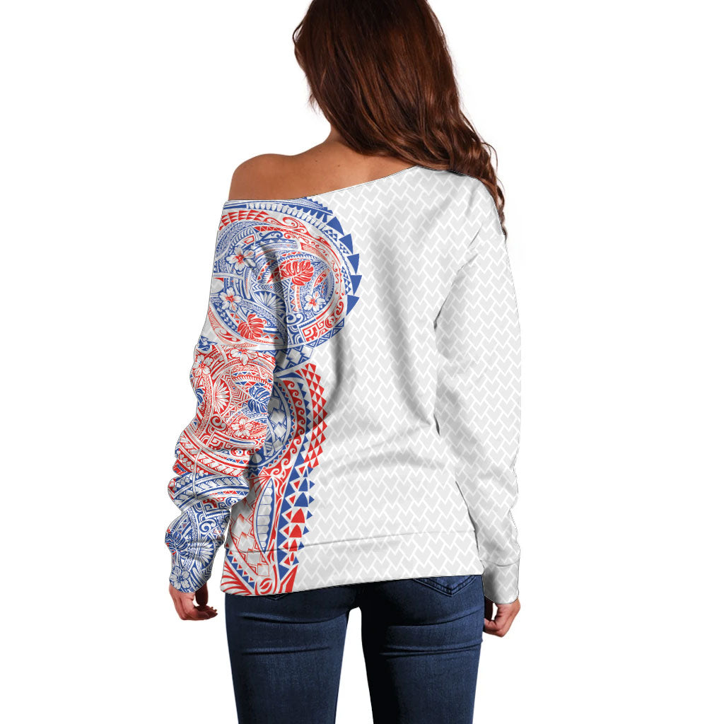 Hawaiian Traditional Tattoos Off Shoulder Sweater Kakau Tribal Tropical Plant Motif Hawaii Flag Color Inspired