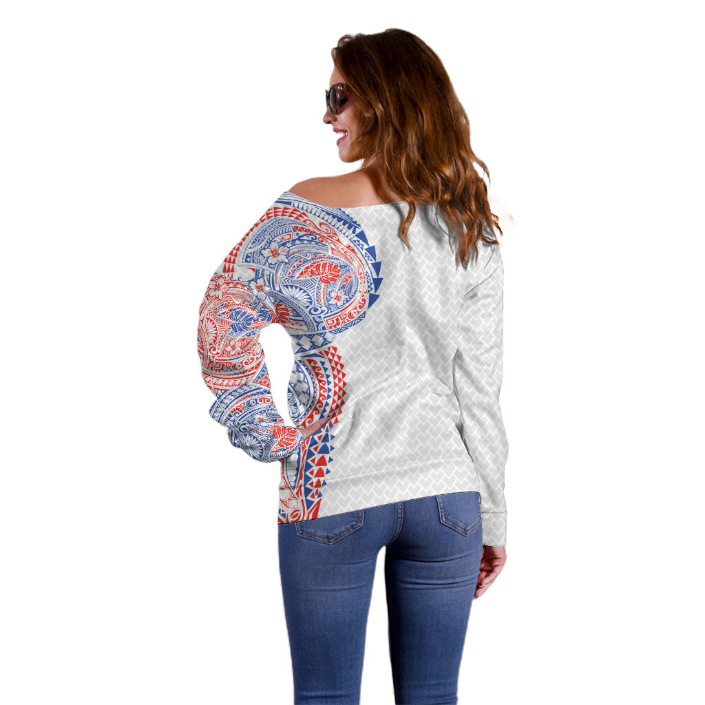 Hawaiian Traditional Tattoos Off Shoulder Sweater Kakau Tribal Tropical Plant Motif Hawaii Flag Color Inspired
