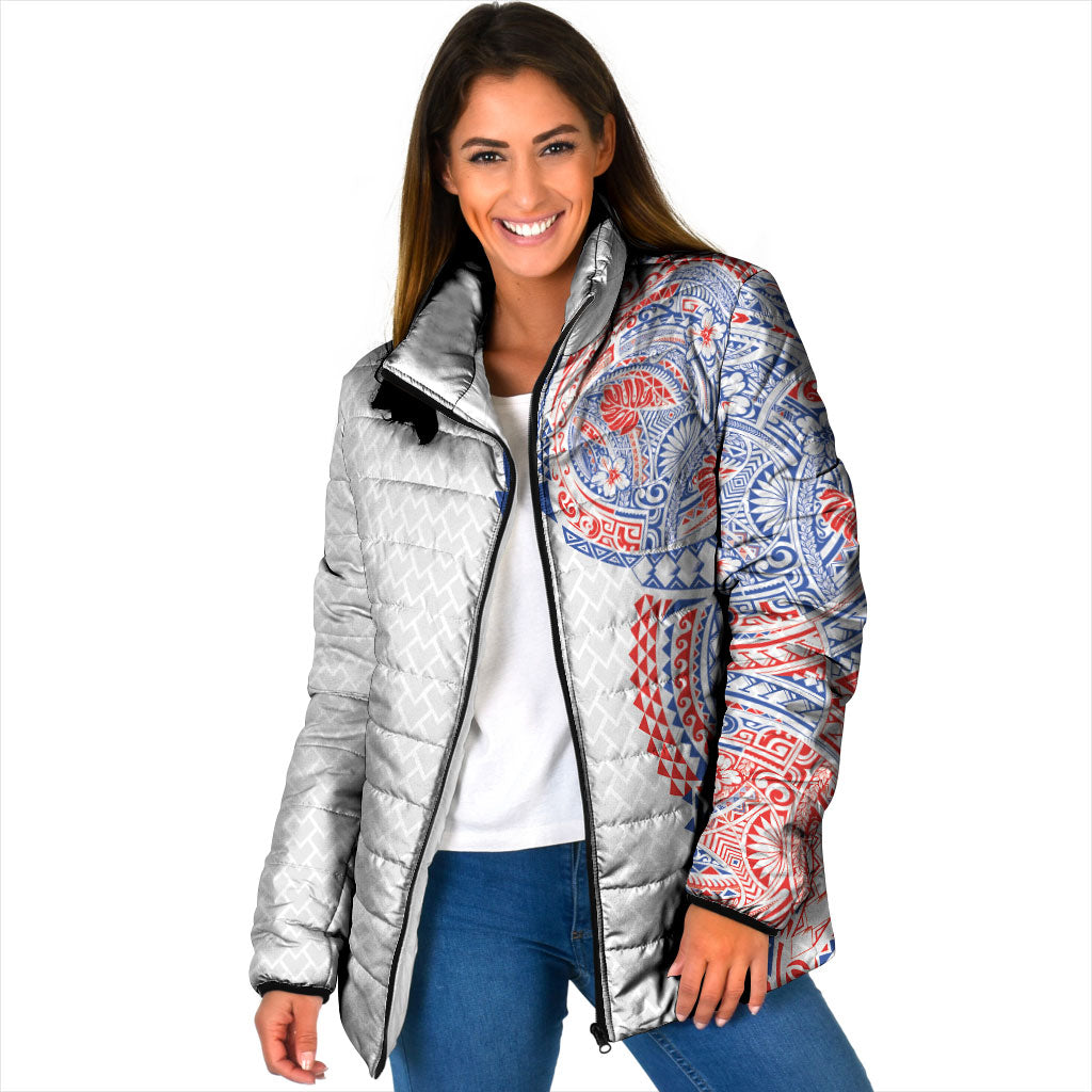 Hawaiian Traditional Tattoos Padded Jacket Kakau Tribal Tropical Plant Motif Hawaii Flag Color Inspired