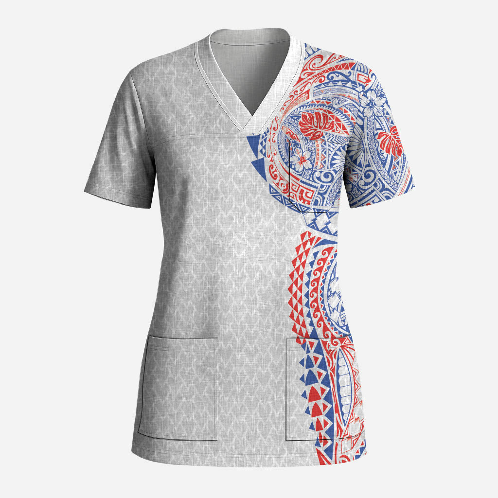 Hawaiian Traditional Tattoos Scrub Top Kakau Tribal Tropical Plant Motif Hawaii Flag Color Inspired