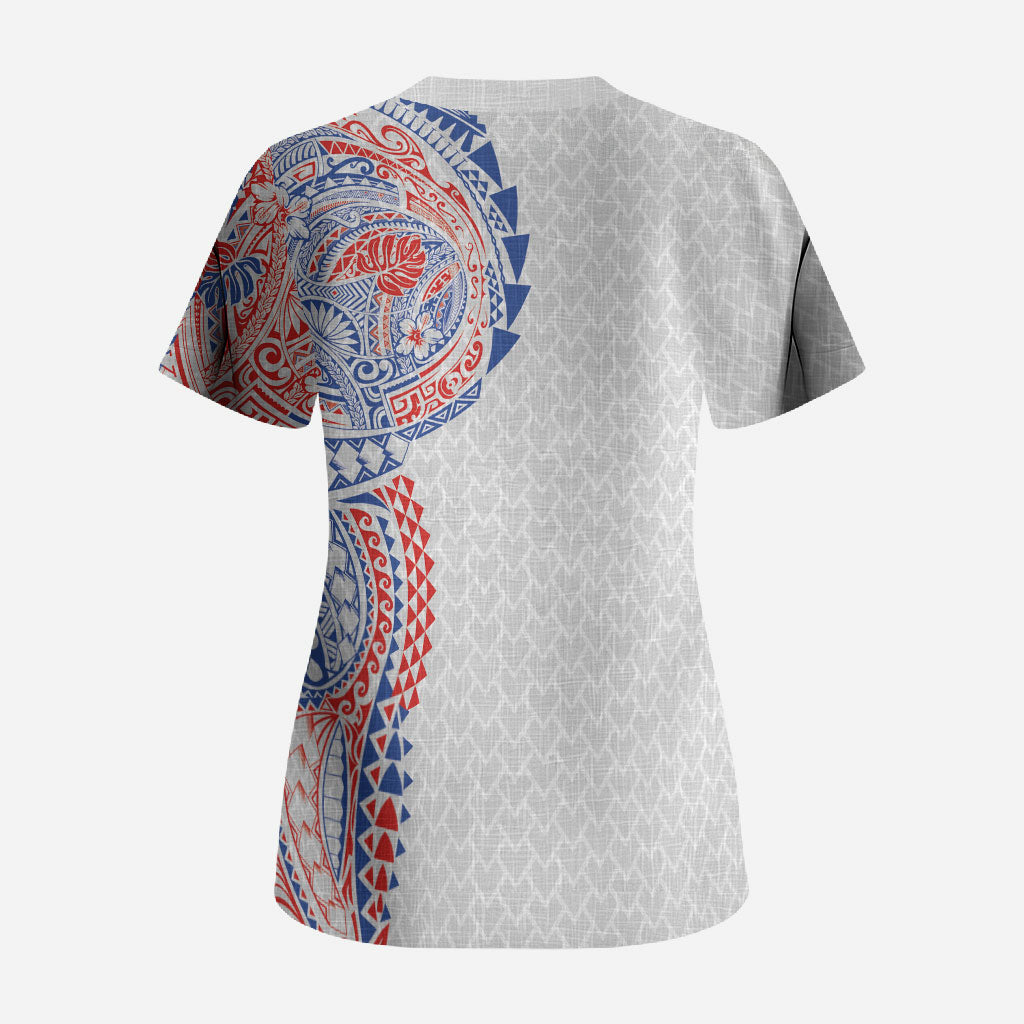 Hawaiian Traditional Tattoos Scrub Top Kakau Tribal Tropical Plant Motif Hawaii Flag Color Inspired