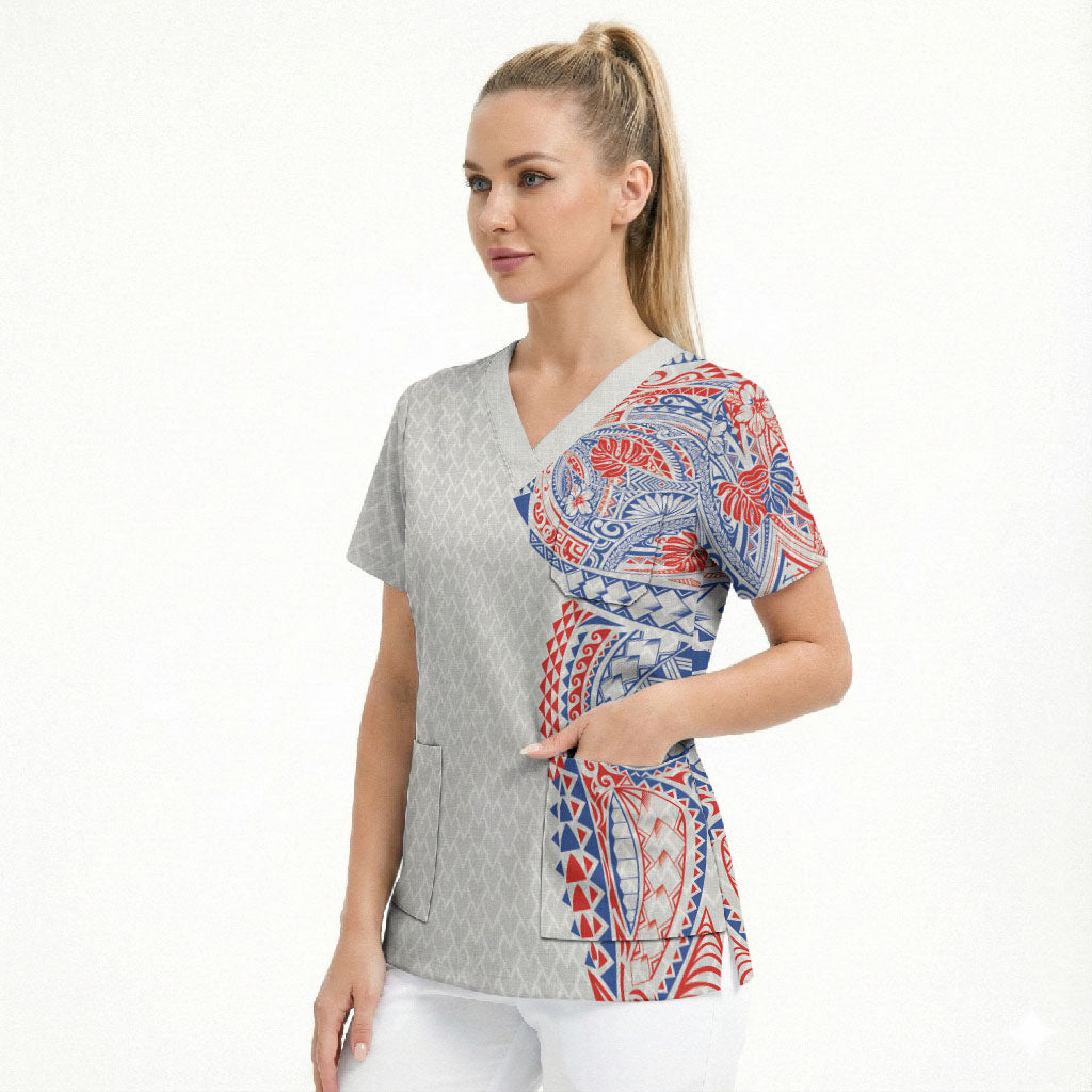 Hawaiian Traditional Tattoos Scrub Top Kakau Tribal Tropical Plant Motif Hawaii Flag Color Inspired