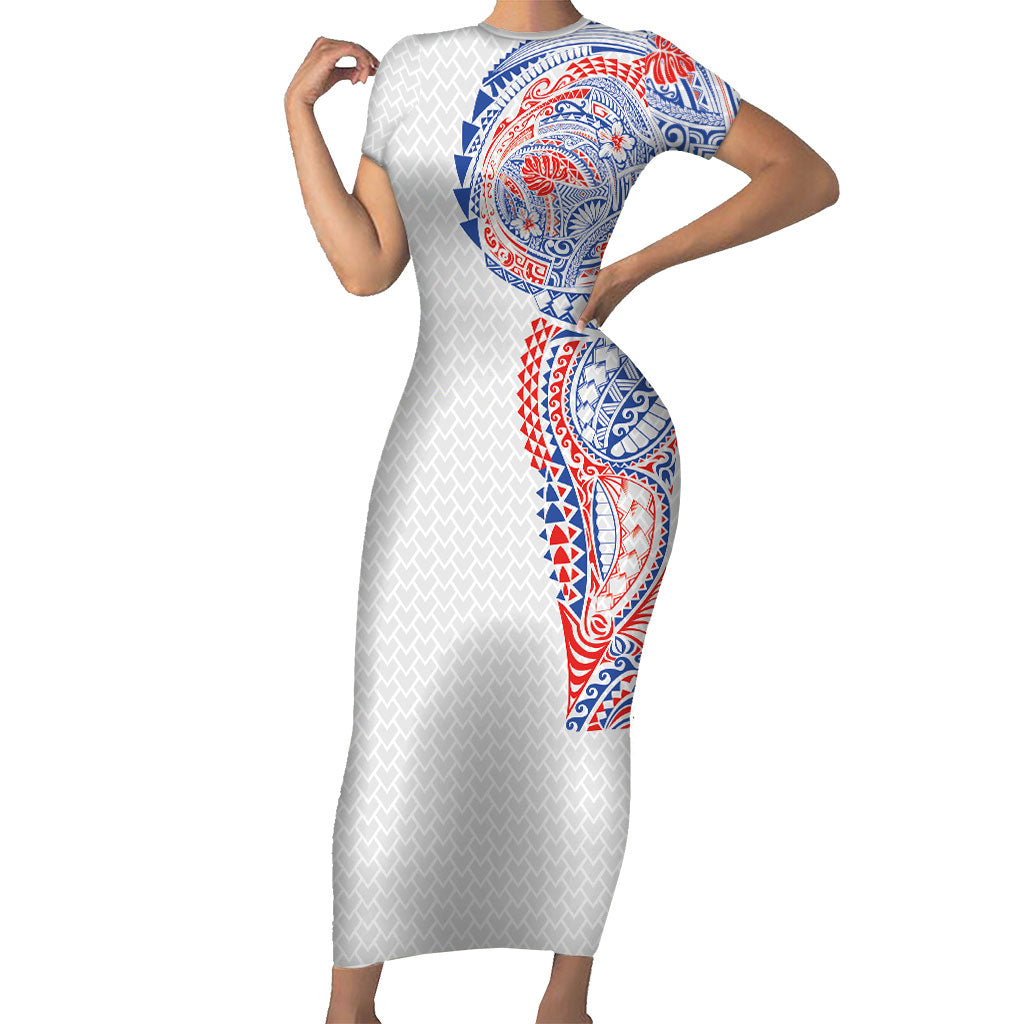 Hawaiian Traditional Tattoos Short Sleeve Bodycon Dress Kakau Tribal Tropical Plant Motif Hawaii Flag Color Inspired