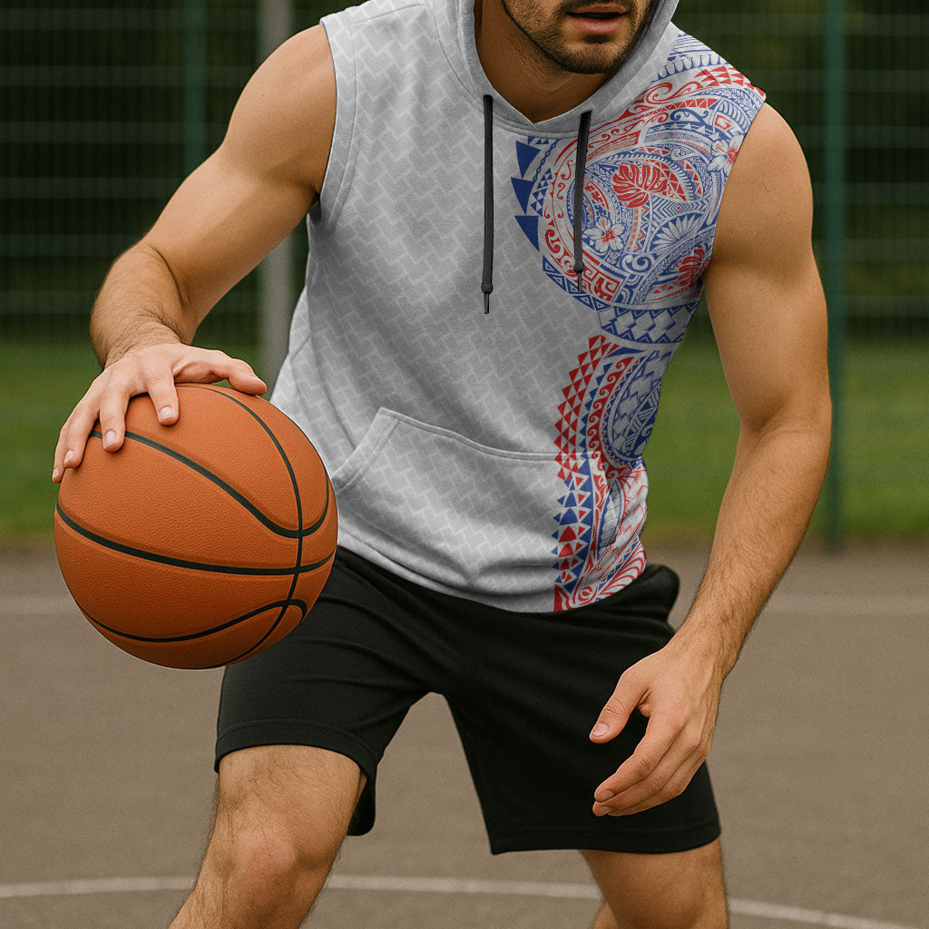 Hawaiian Traditional Tattoos Sleeveless Hoodie Kakau Tribal Tropical Plant Motif Hawaii Flag Color Inspired LT03 - Polynesian Pride