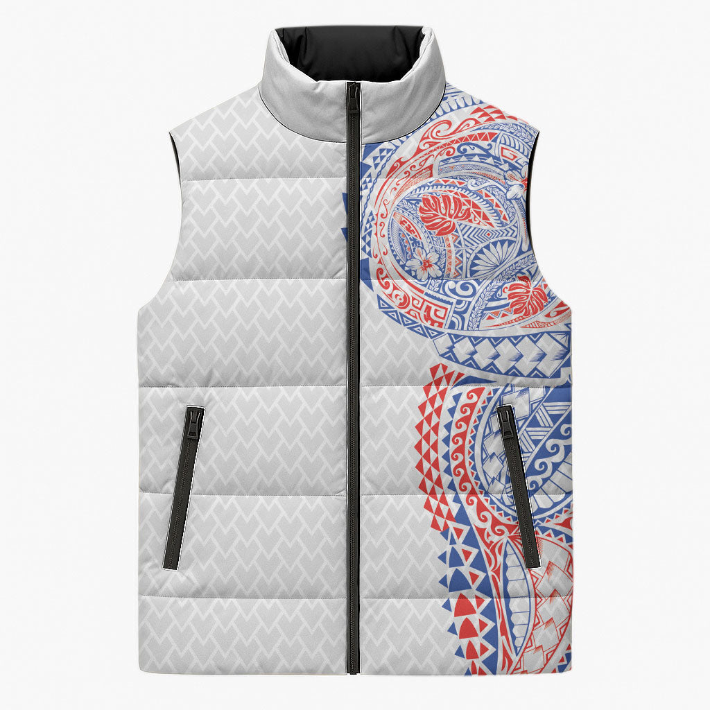 Hawaiian Traditional Tattoos Sleeveless Puffer Jacket Kakau Tribal Tropical Plant Motif Hawaii Flag Color Inspired