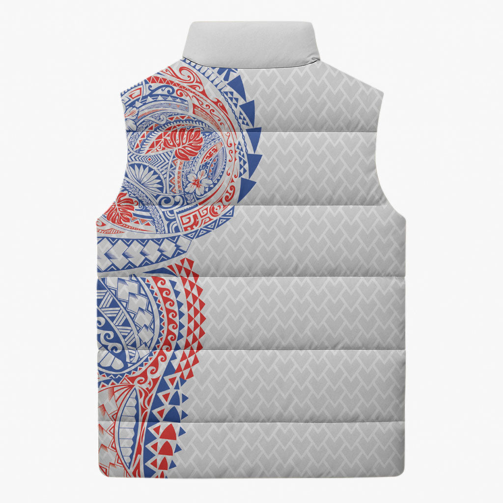 Hawaiian Traditional Tattoos Sleeveless Puffer Jacket Kakau Tribal Tropical Plant Motif Hawaii Flag Color Inspired