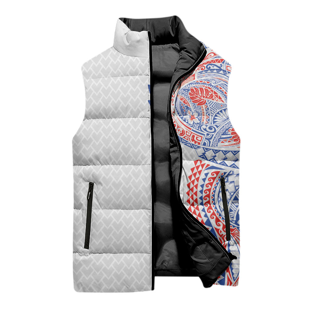 Hawaiian Traditional Tattoos Sleeveless Puffer Jacket Kakau Tribal Tropical Plant Motif Hawaii Flag Color Inspired