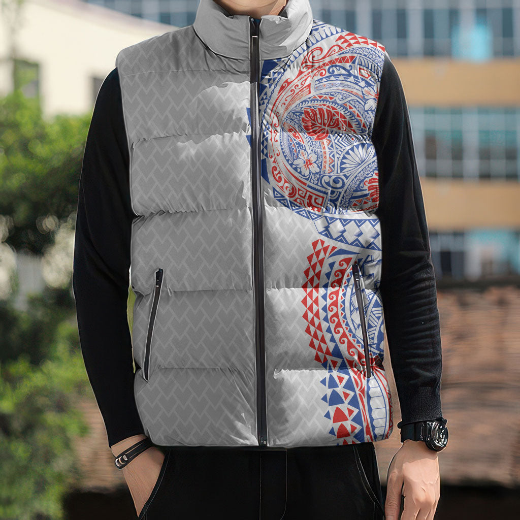 Hawaiian Traditional Tattoos Sleeveless Puffer Jacket Kakau Tribal Tropical Plant Motif Hawaii Flag Color Inspired