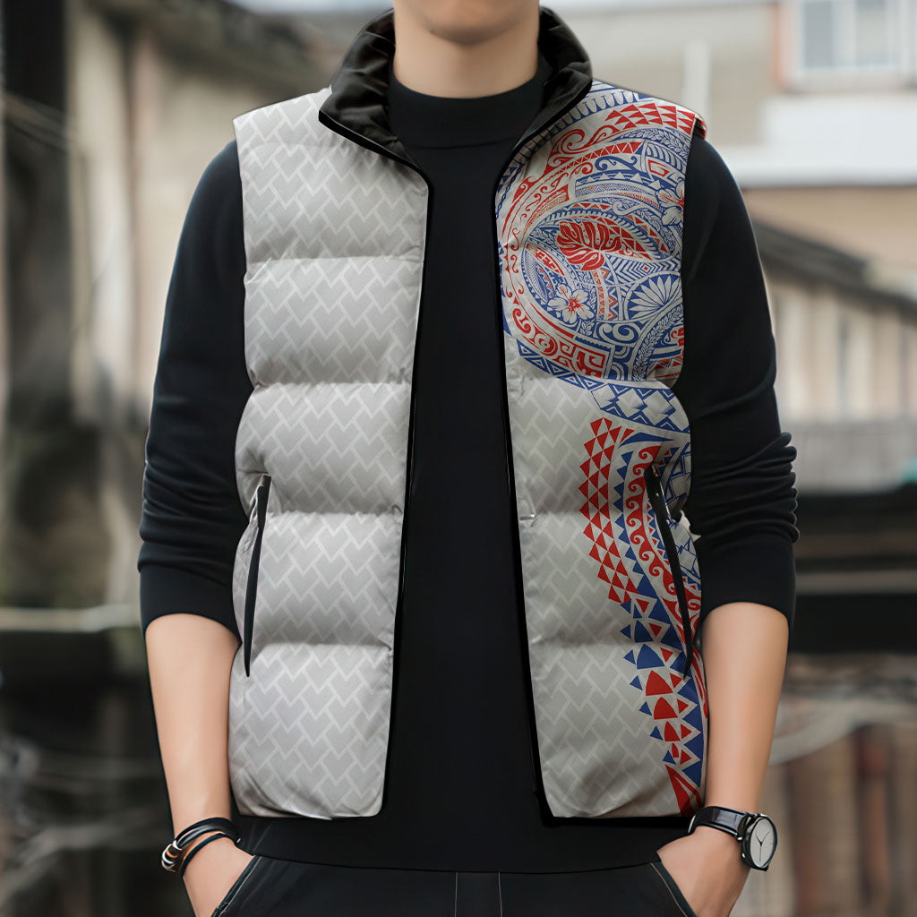 Hawaiian Traditional Tattoos Sleeveless Puffer Jacket Kakau Tribal Tropical Plant Motif Hawaii Flag Color Inspired