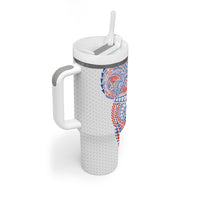 Hawaiian Traditional Tattoos Tumbler With Handle Kakau Tribal Tropical Plant Motif Hawaii Flag Color Inspired