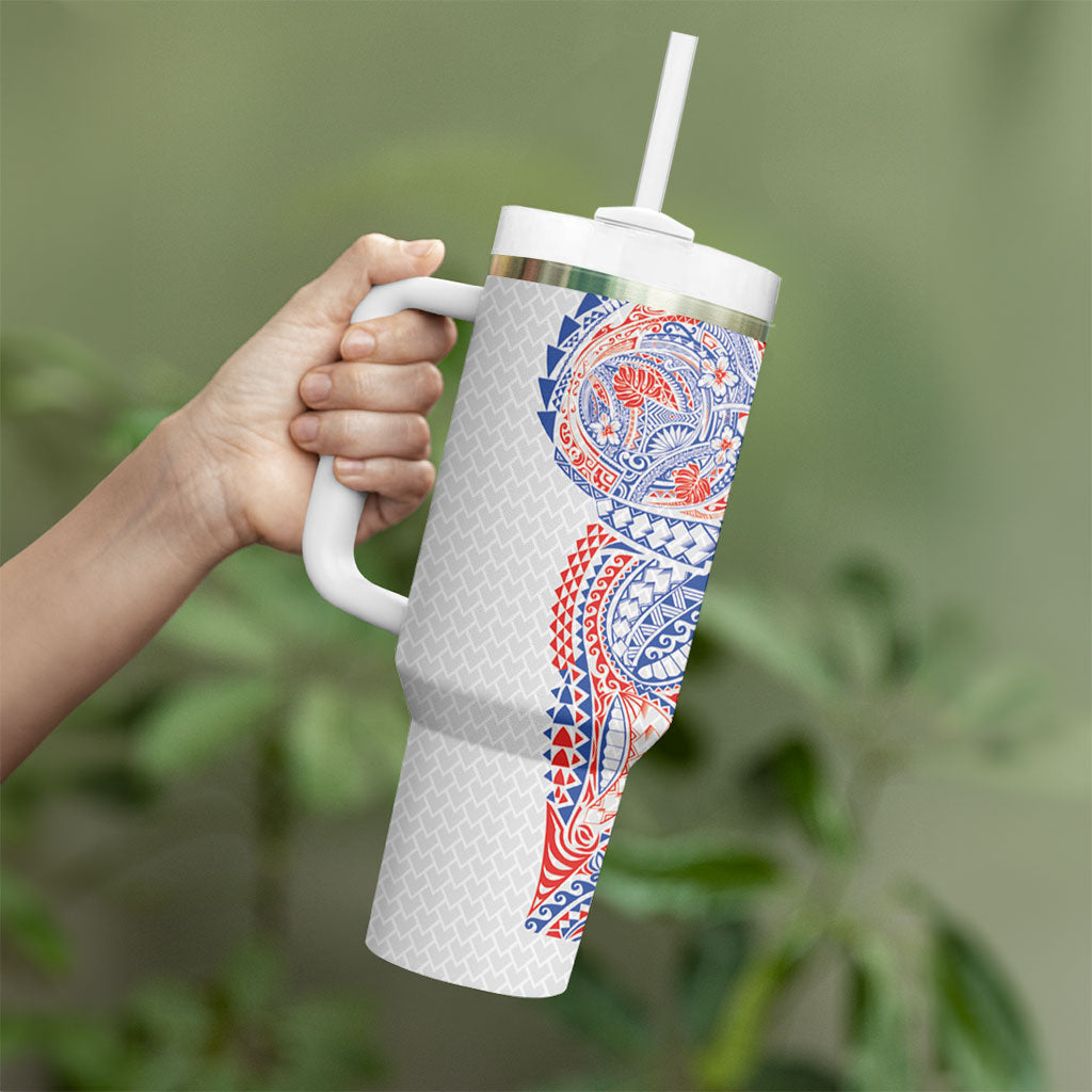Hawaiian Traditional Tattoos Tumbler With Handle Kakau Tribal Tropical Plant Motif Hawaii Flag Color Inspired