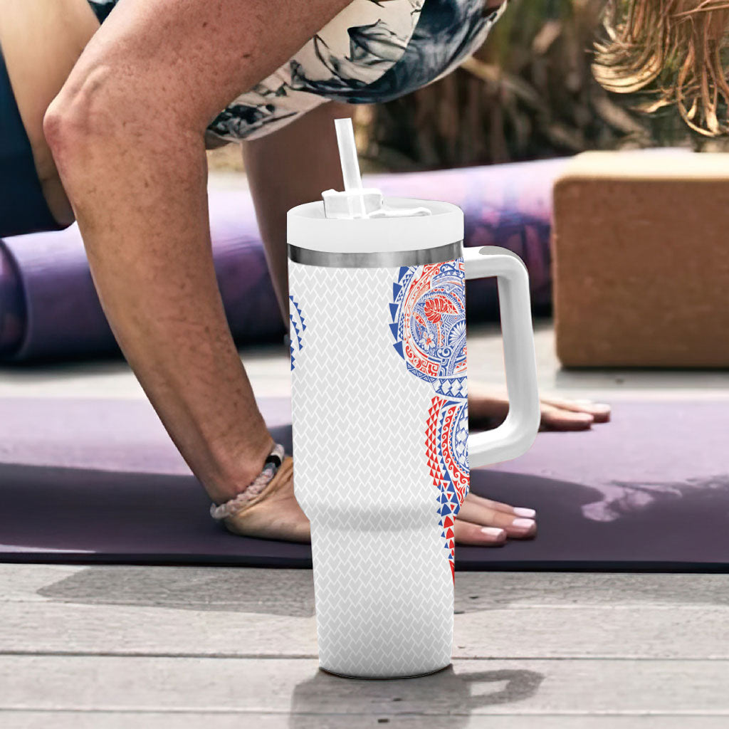 Hawaiian Traditional Tattoos Tumbler With Handle Kakau Tribal Tropical Plant Motif Hawaii Flag Color Inspired