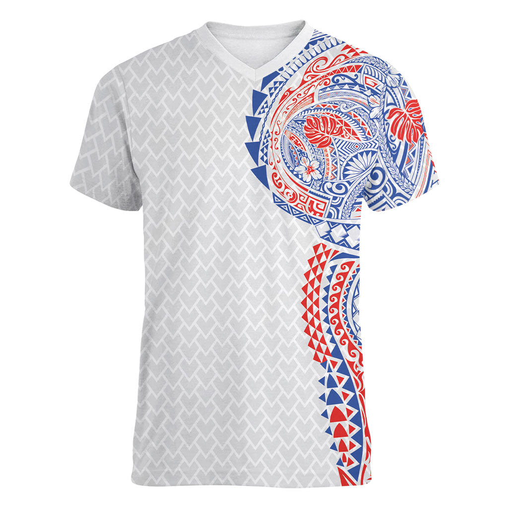 Hawaiian Traditional Tattoos Women V-Neck T-Shirt Kakau Tribal Tropical Plant Motif Hawaii Flag Color Inspired LT03 Female Multicolor - Polynesian Pride
