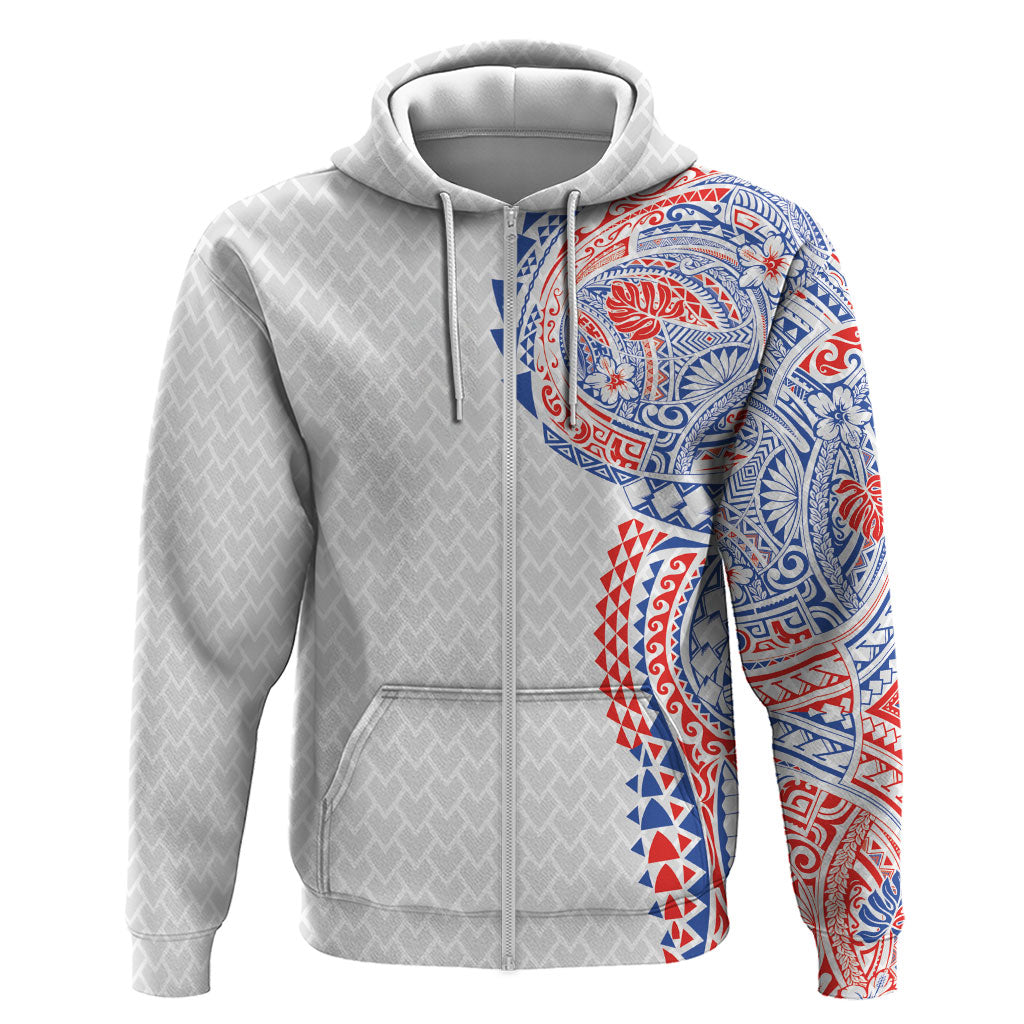 Hawaiian Traditional Tattoos Zip Hoodie Kakau Tribal Tropical Plant Motif Hawaii Flag Color Inspired