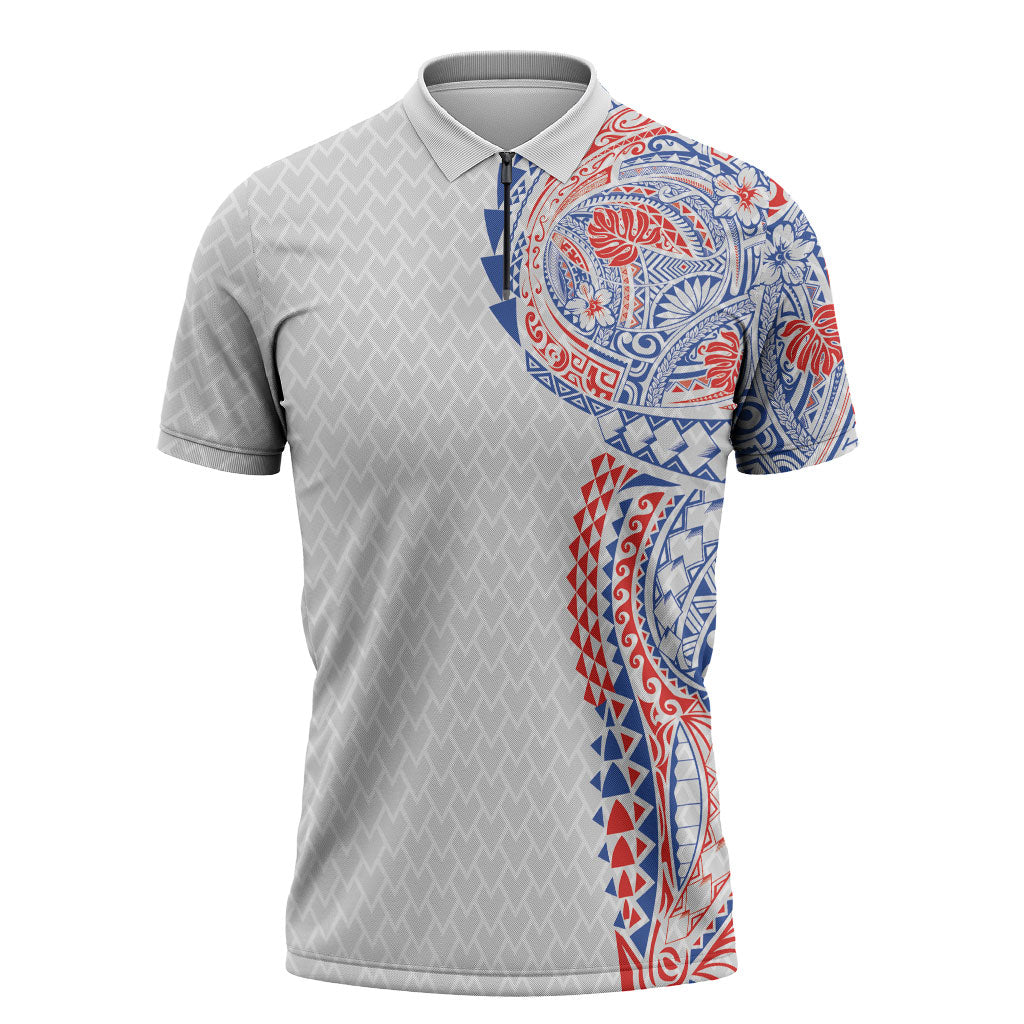 Hawaiian Traditional Tattoos Zipper Polo Shirt Kakau Tribal Tropical Plant Motif Hawaii Flag Color Inspired LT03 Multicolor - Polynesian Pride