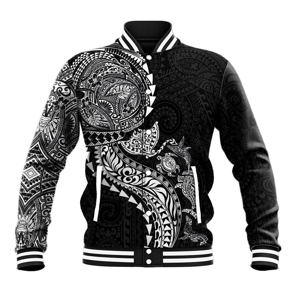 Hawaiian Kakau Tribal Sea Animals Tattoos Baseball Jacket Black Color
