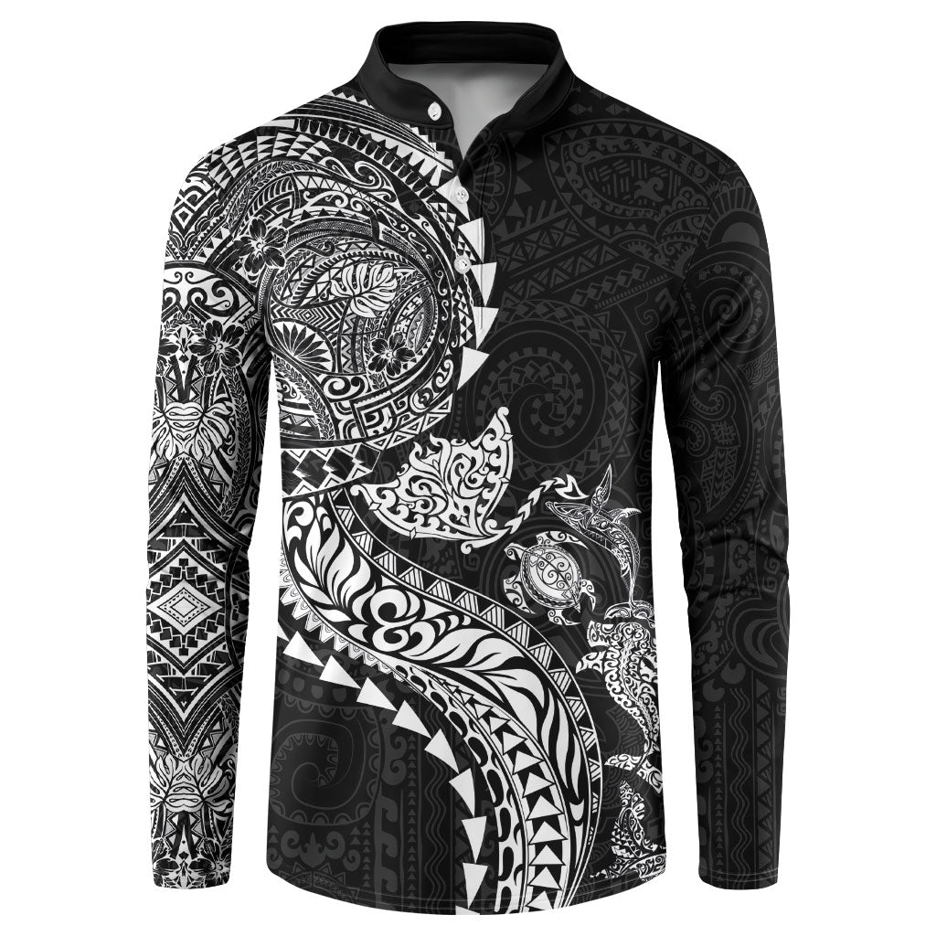 Hawaiian Kakau Tribal Sea Animals Tattoos Button Sweatshirt Black Color