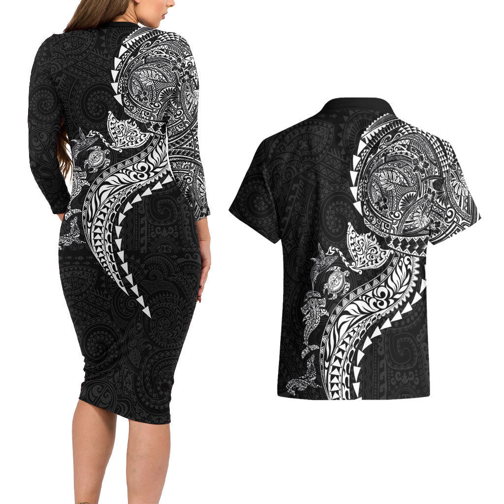 Hawaiian Kakau Tribal Sea Animals Tattoos Couples Matching Long Sleeve Bodycon Dress and Hawaiian Shirt Black Color LT03 - Polynesian Pride