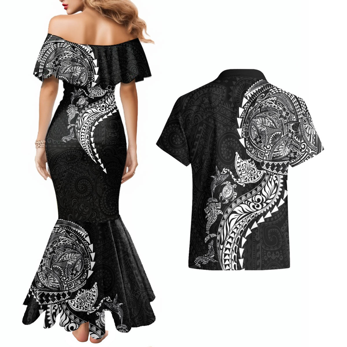 Hawaiian Kakau Tribal Sea Animals Tattoos Couples Matching Mermaid Dress and Hawaiian Shirt Black Color LT03 - Polynesian Pride
