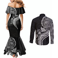 Hawaiian Kakau Tribal Sea Animals Tattoos Couples Matching Mermaid Dress and Long Sleeve Button Shirt Black Color LT03 - Polynesian Pride