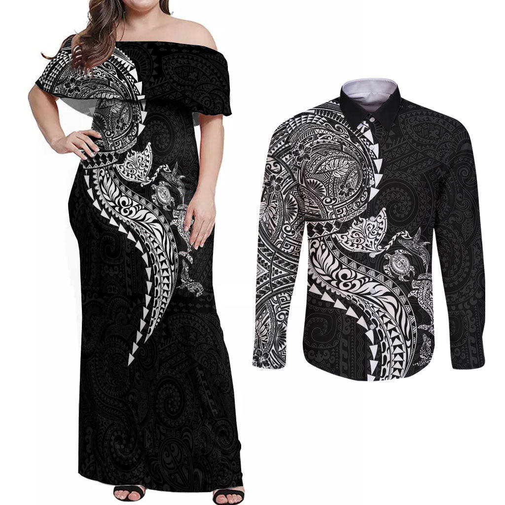 Hawaiian Kakau Tribal Sea Animals Tattoos Couples Matching Off Shoulder Maxi Dress and Long Sleeve Button Shirt Black Color