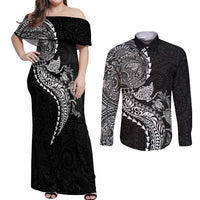 Hawaiian Kakau Tribal Sea Animals Tattoos Couples Matching Off Shoulder Maxi Dress and Long Sleeve Button Shirt Black Color