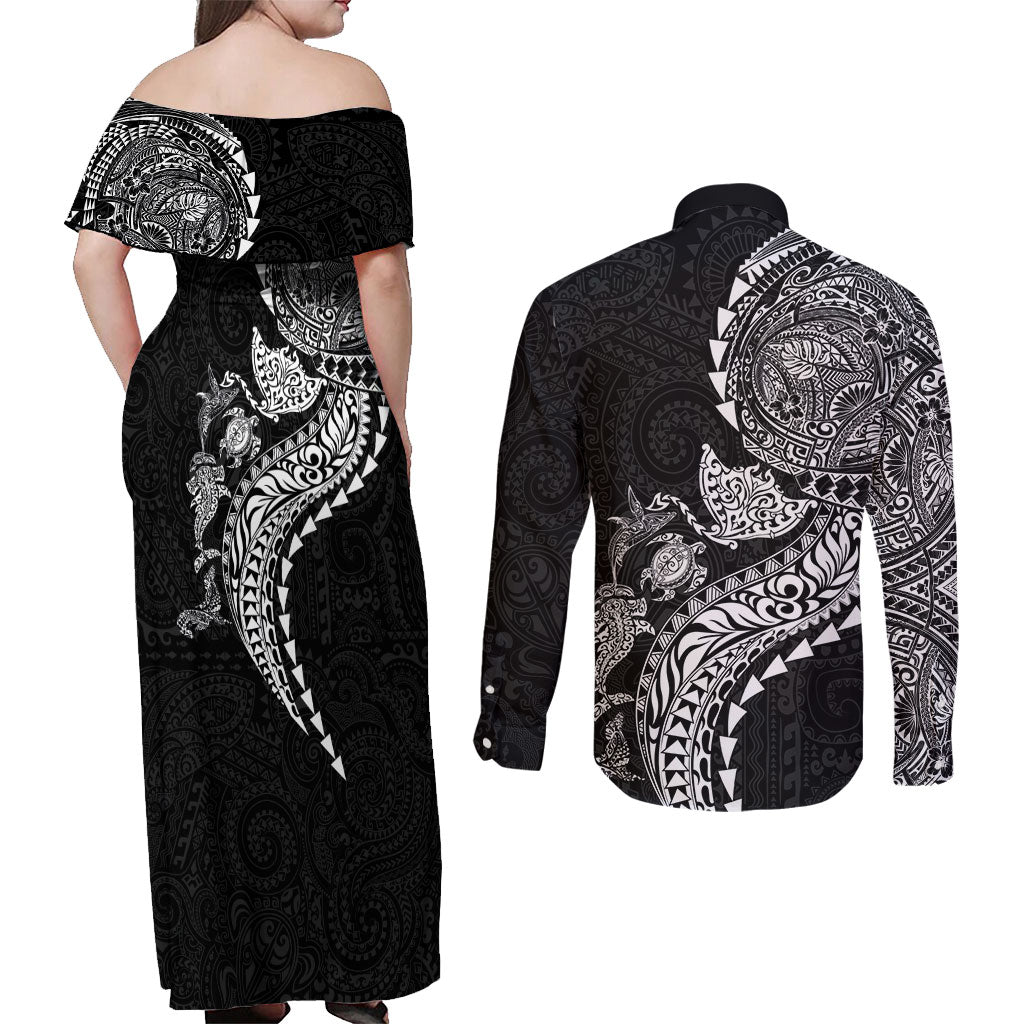 Hawaiian Kakau Tribal Sea Animals Tattoos Couples Matching Off Shoulder Maxi Dress and Long Sleeve Button Shirt Black Color