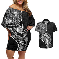 Hawaiian Kakau Tribal Sea Animals Tattoos Couples Matching Off Shoulder Short Dress and Hawaiian Shirt Black Color LT03 Black - Polynesian Pride