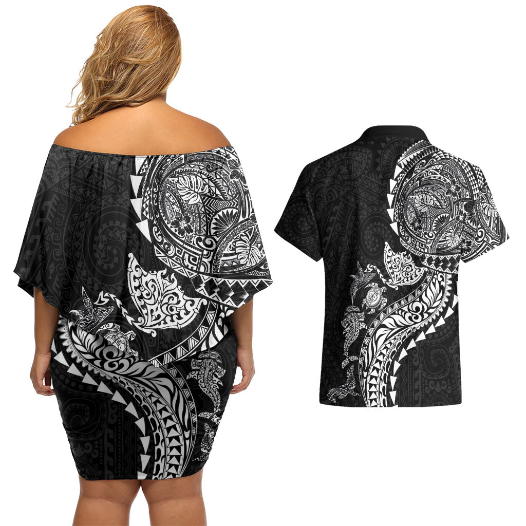 Hawaiian Kakau Tribal Sea Animals Tattoos Couples Matching Off Shoulder Short Dress and Hawaiian Shirt Black Color LT03 - Polynesian Pride