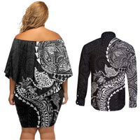 Hawaiian Kakau Tribal Sea Animals Tattoos Couples Matching Off Shoulder Short Dress and Long Sleeve Button Shirt Black Color