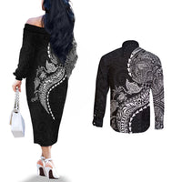 Hawaiian Kakau Tribal Sea Animals Tattoos Couples Matching Off The Shoulder Long Sleeve Dress and Long Sleeve Button Shirt Black Color