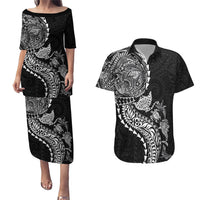 Hawaiian Kakau Tribal Sea Animals Tattoos Couples Matching Puletasi and Hawaiian Shirt Black Color