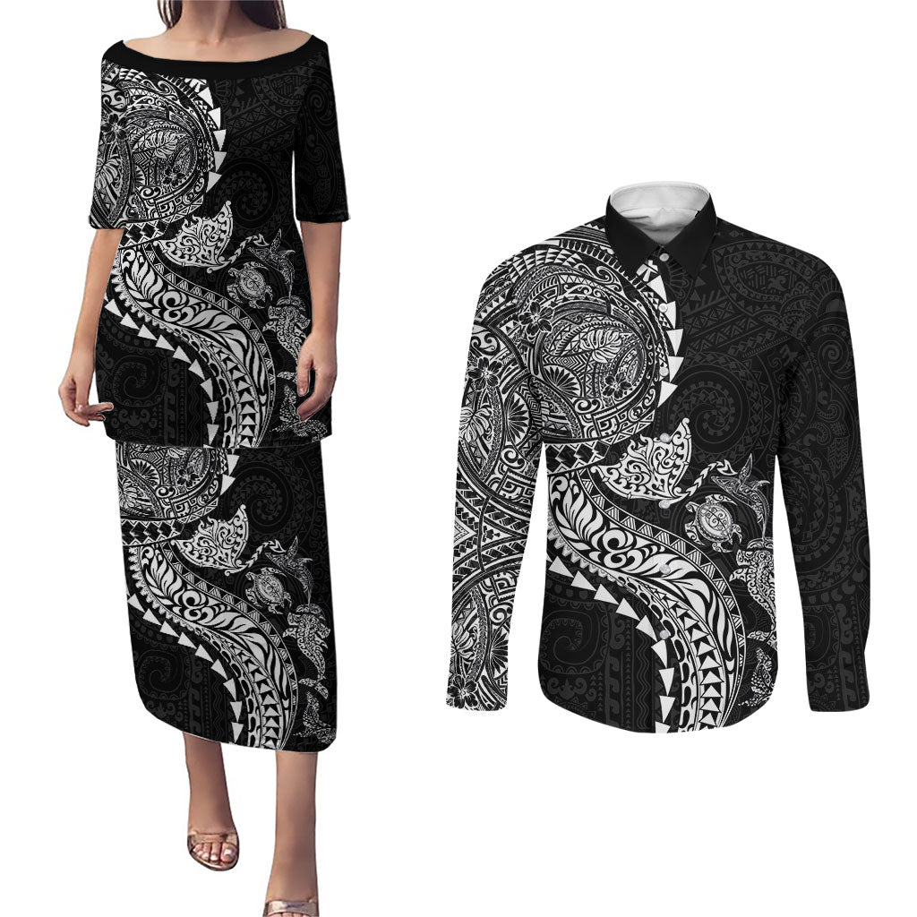 Hawaiian Kakau Tribal Sea Animals Tattoos Couples Matching Puletasi and Long Sleeve Button Shirt Black Color