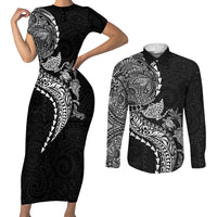 Hawaiian Kakau Tribal Sea Animals Tattoos Couples Matching Short Sleeve Bodycon Dress and Long Sleeve Button Shirt Black Color LT03 Black - Polynesian Pride