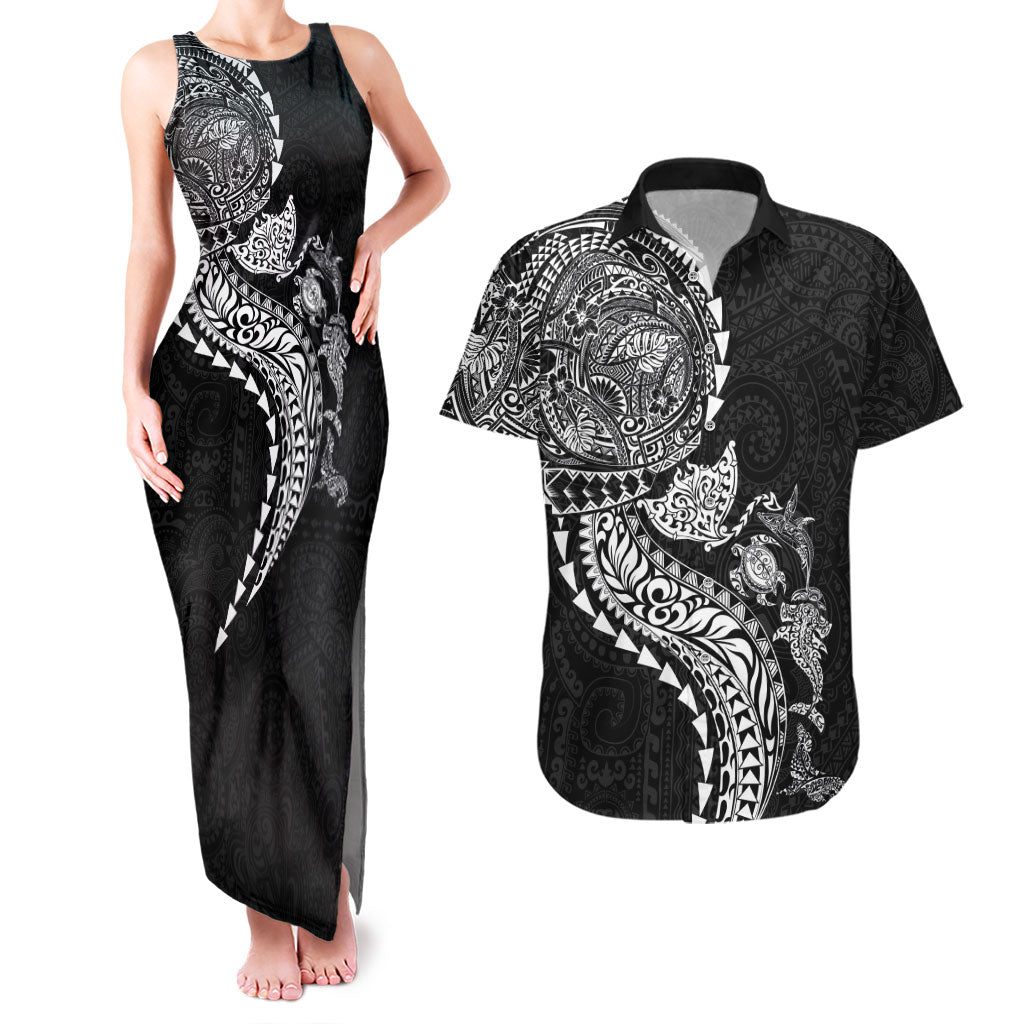 Hawaiian Kakau Tribal Sea Animals Tattoos Couples Matching Tank Maxi Dress and Hawaiian Shirt Black Color LT03 Black - Polynesian Pride