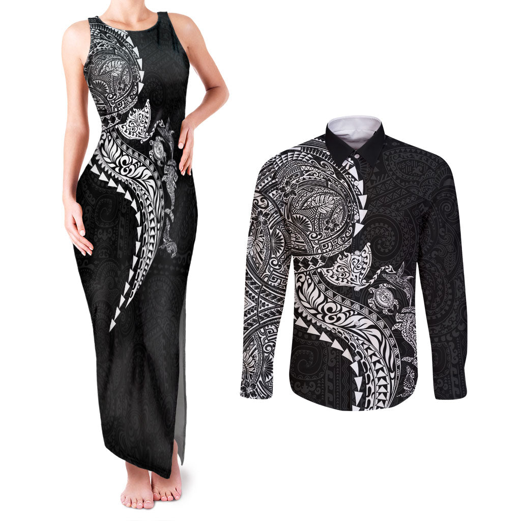 Hawaiian Kakau Tribal Sea Animals Tattoos Couples Matching Tank Maxi Dress and Long Sleeve Button Shirt Black Color