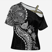 Hawaiian Kakau Tribal Sea Animals Tattoos Cross Shoulder Shirt Black Color