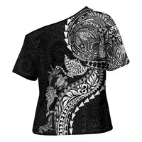 Hawaiian Kakau Tribal Sea Animals Tattoos Cross Shoulder Shirt Black Color