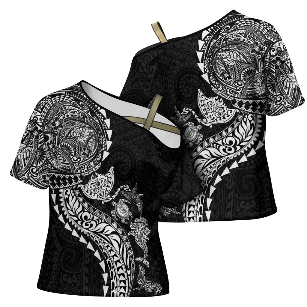 Hawaiian Kakau Tribal Sea Animals Tattoos Cross Shoulder Shirt Black Color