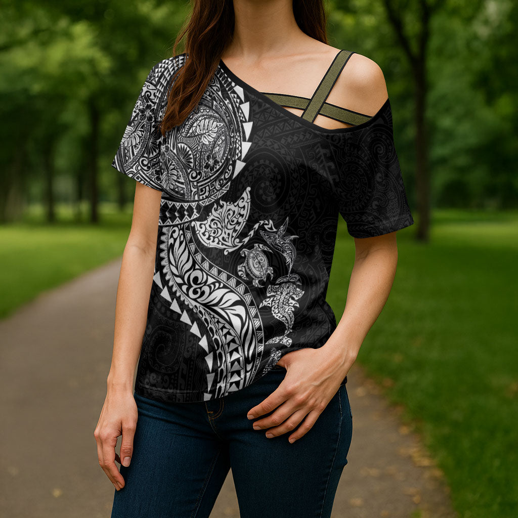 Hawaiian Kakau Tribal Sea Animals Tattoos Cross Shoulder Shirt Black Color