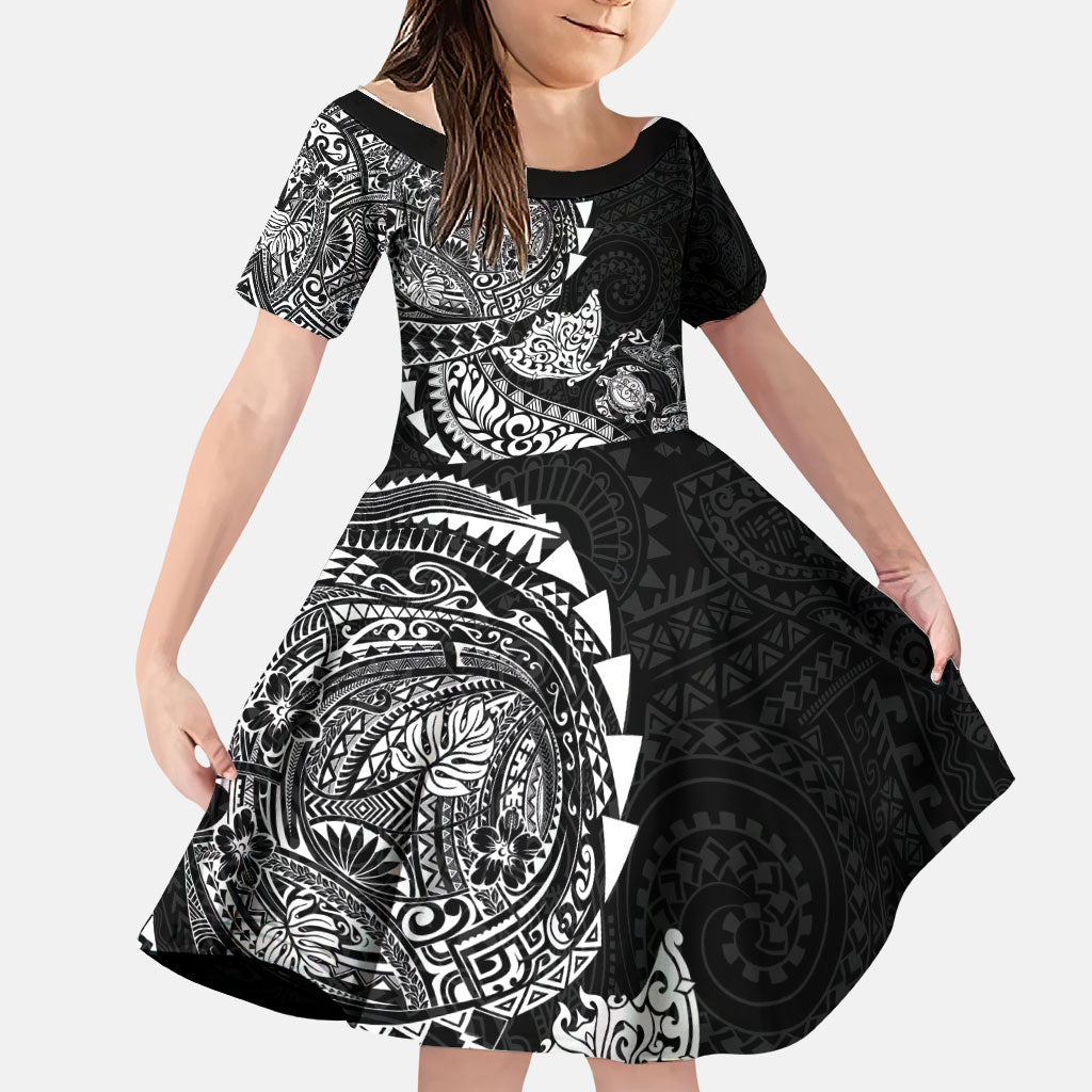 Hawaiian Kakau Tribal Sea Animals Tattoos Family Matching Long Sleeve Bodycon Dress and Hawaiian Shirt Black Color LT03 Daughter's Dress Black - Polynesian Pride
