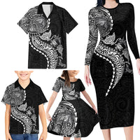 Hawaiian Kakau Tribal Sea Animals Tattoos Family Matching Long Sleeve Bodycon Dress and Hawaiian Shirt Black Color LT03 - Polynesian Pride